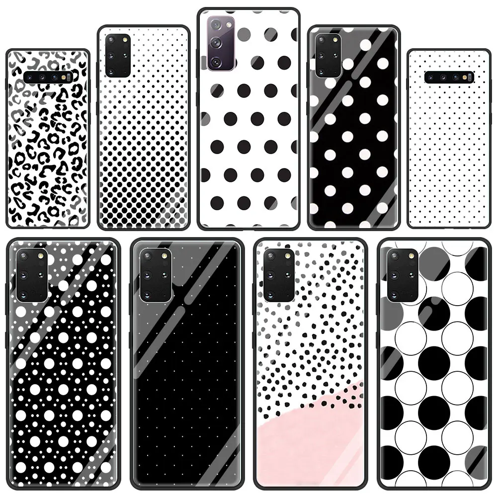 

Black and White Polka Dot Glass Phone Case for Samsung Galaxy S21 S20 FE S10 Note 10 20 Ultra 5G 9 S9 Plus S10e Cover