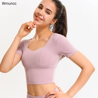 wmuncc 2022 summer yoga vest with pad women fitness crop top short sleeves gym workout activewear naked fabric sports breathable