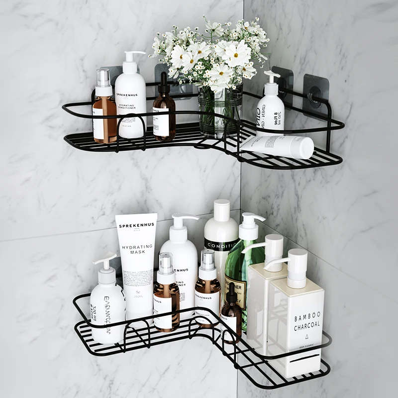 

Punch Free Corner Frame with Suction Cup Wrought Iron Bathroom Shelf Shower Caddy Storage Rack WC Accessories Shampoo Holder