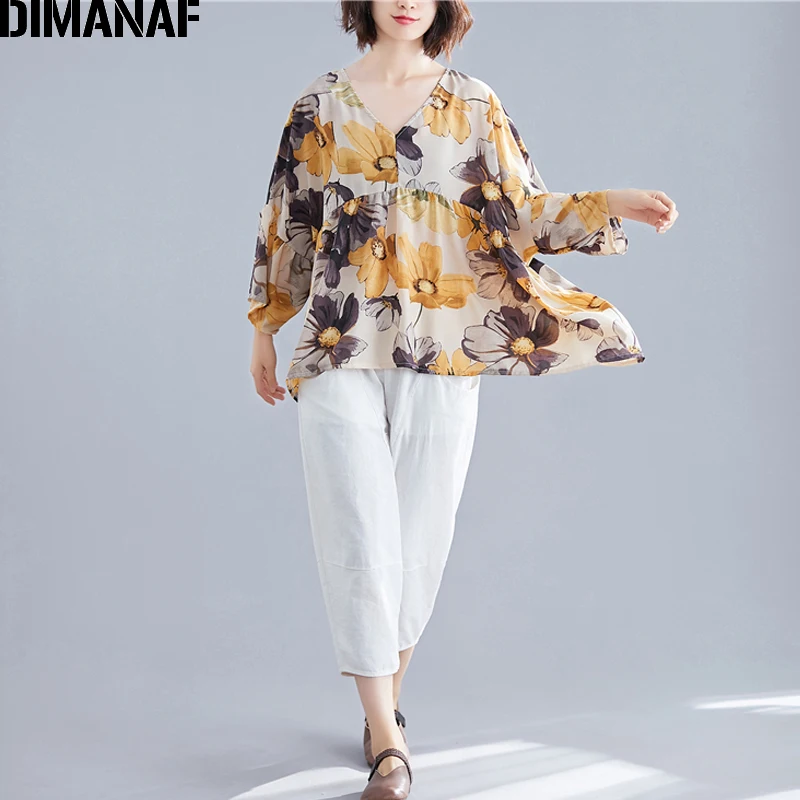 DIMANAF размера плюс женская блузка рубашки летние пляжные Цветочный принт женские