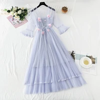 summer 2021 new elegant slim one word collar mesh dress women sweet hollow out lace dress high waist two peices womens