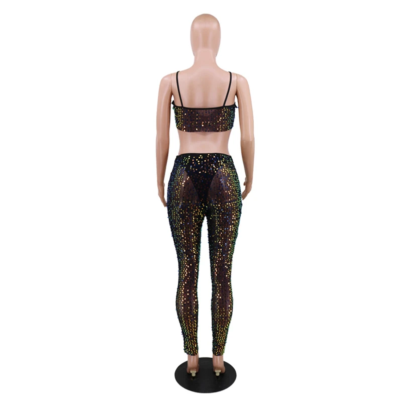 

Cutubly Spaghetti Straps Women'S Set Sexy Sequins Two Piece Set Tube Crop Top Pencil Pants With Underwear Night Club Party Suits