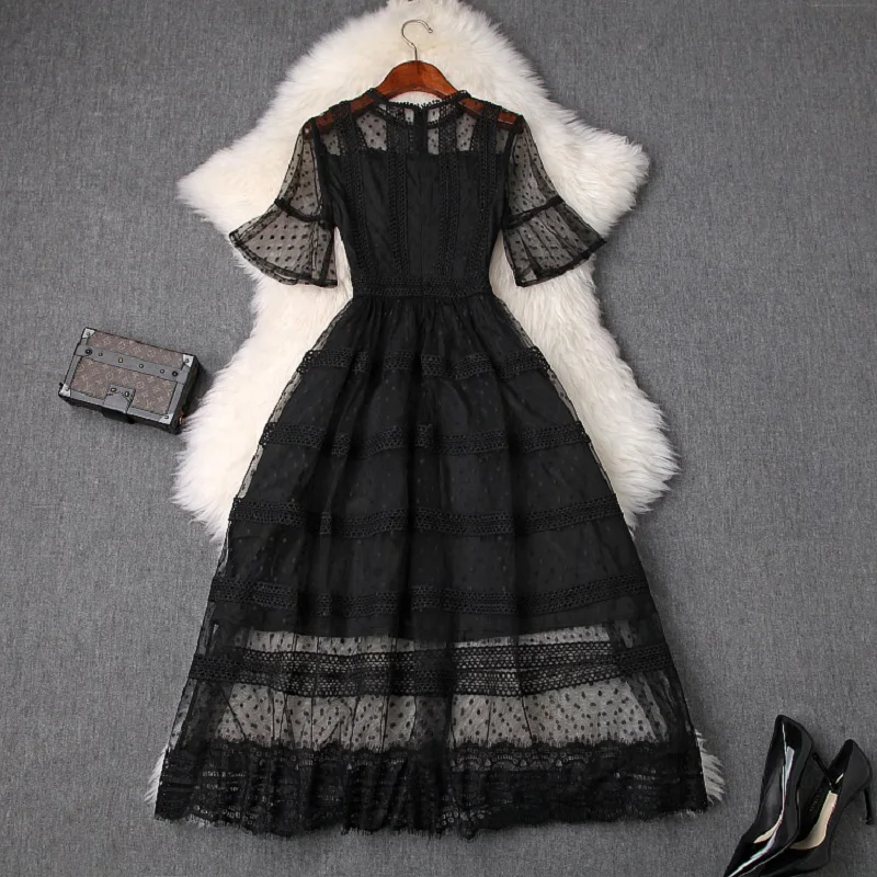 

Dress Work Office lady Runway 2021 new ladies women Flare Sleeve Voile elegant dress A-Line summer Mesh sexy empire Lace dresses