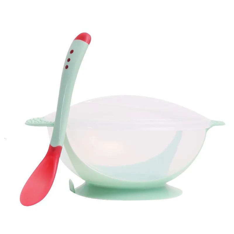 green-lid -spoon Детская обучающая посуда с присоской, Детская безопасная столовая посуда, набор для помощи, миска, датчик температуры, ложка, вилка, посуда - Цвет: green-lid -spoon