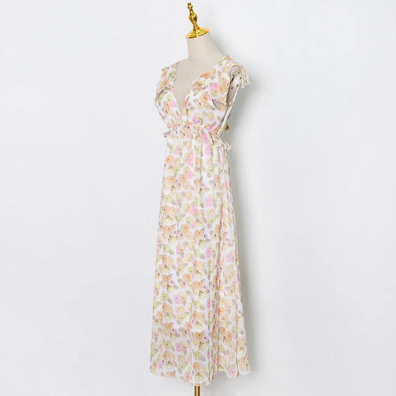 

Casual Print Hollow Out Dress For Women V Neck Sleeveless Lace Up Bowknot Maxi Dresses Female Korean Summer Fashion