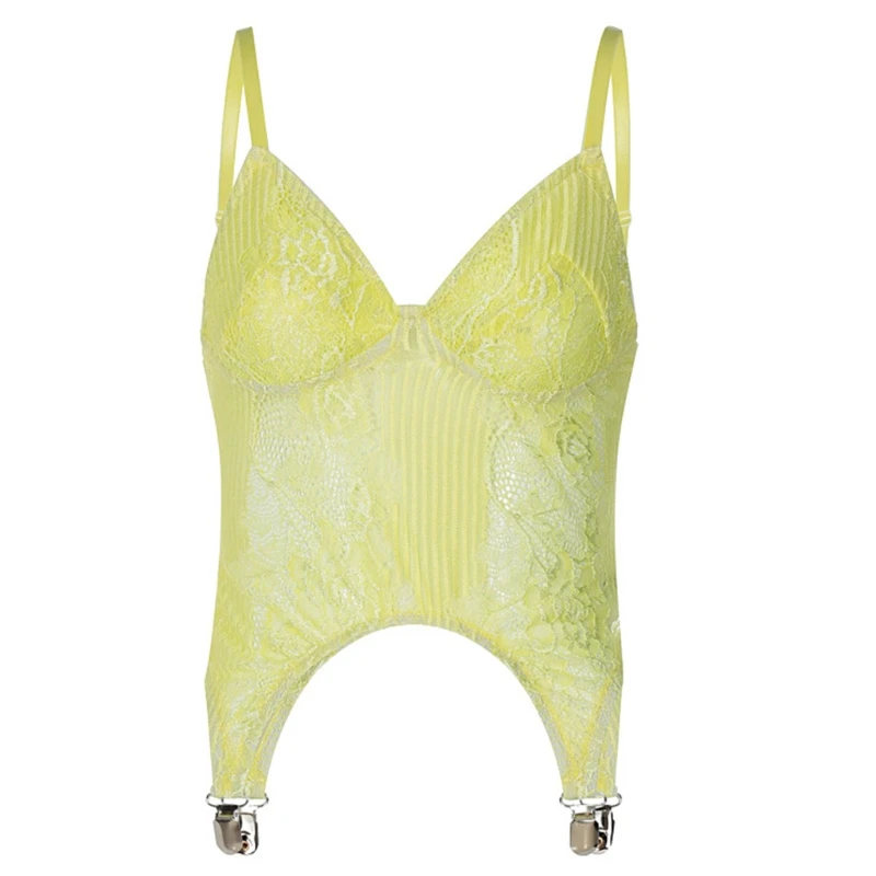 

E15E Women Sexy See-Through Lace Camisole Deep V-Neck Backless Spaghetti Strap Crop Tank Top with Metal Garter Clips Harajuku