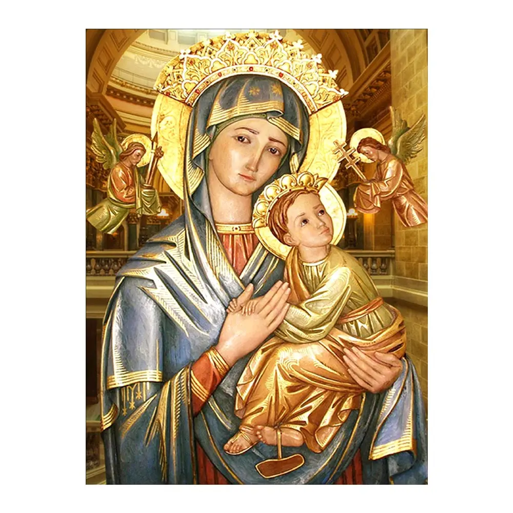 Алмазная живопись с религиозными фигурками девственницы и ребенка круглая