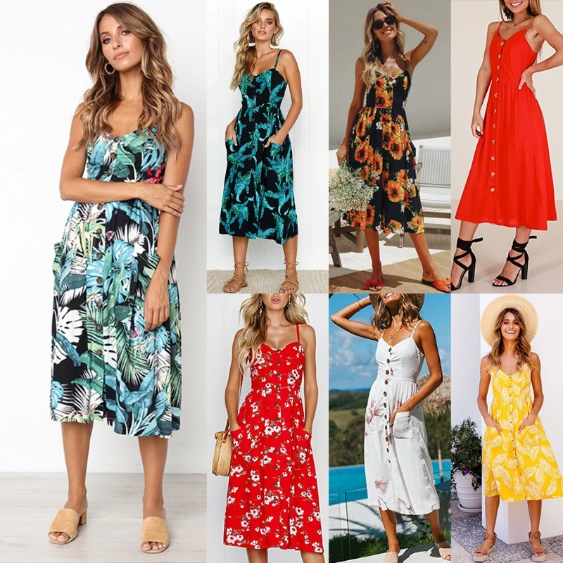 

2021 NEW Sexy Casual Summer Dress Boho Beach Pockets Sundress Elegant Daily dess