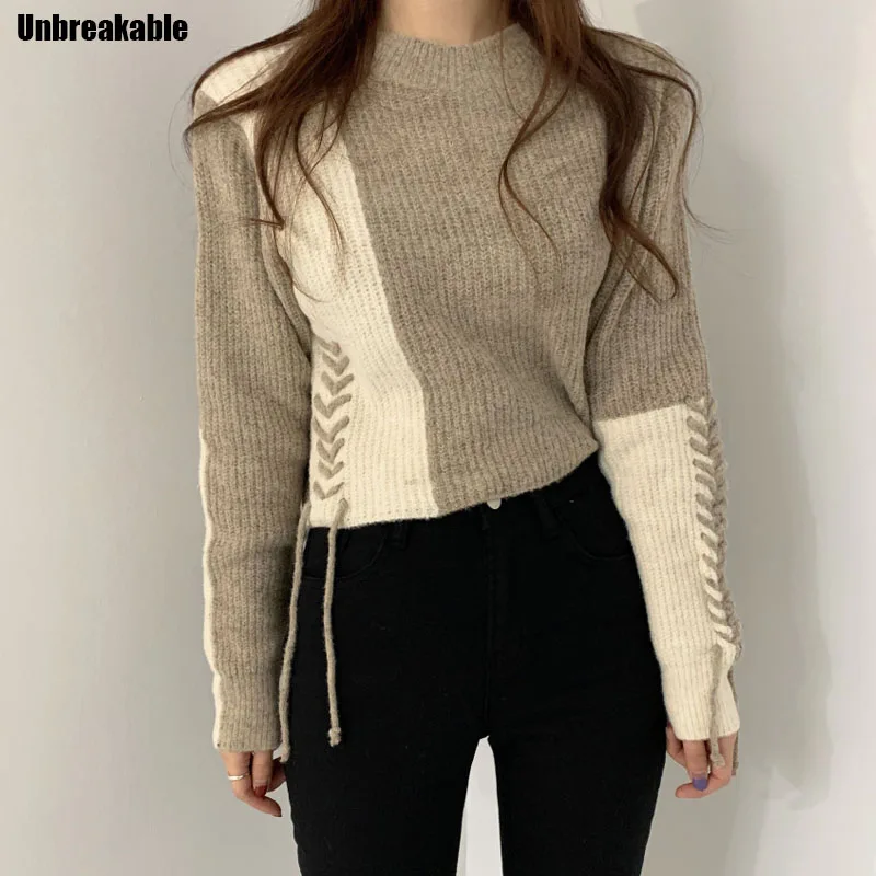 

Knitted Sweater Women Wild Spring Autumn 2021 Korea Chic Fashion Female O-neck Geometric Panelled Cross Straps Knitted Tops