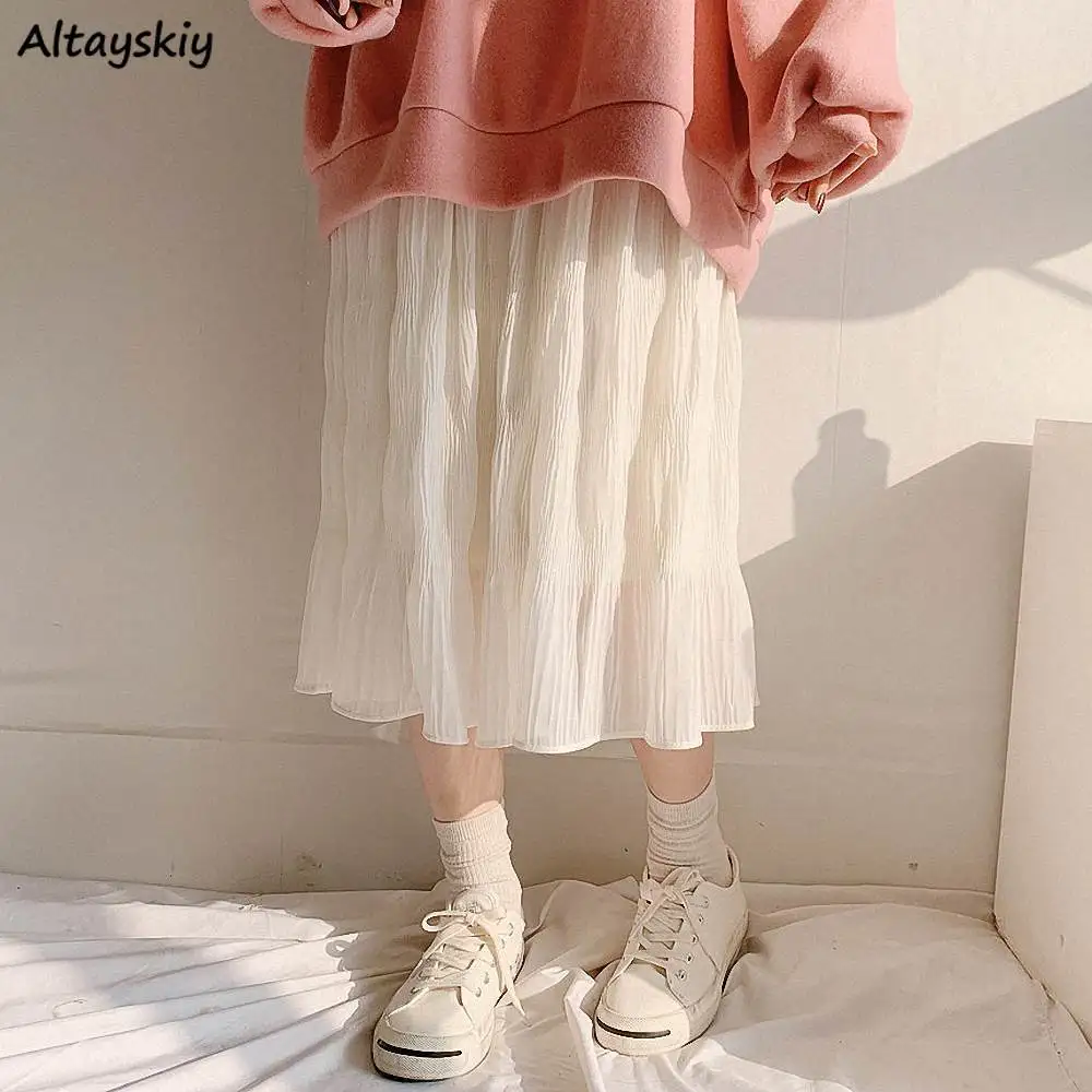 

Midi Skirts Women Chiffon White A-line Pure Casual All-match Students College Empire Folds Bottoms Sweet Tender Temperament New