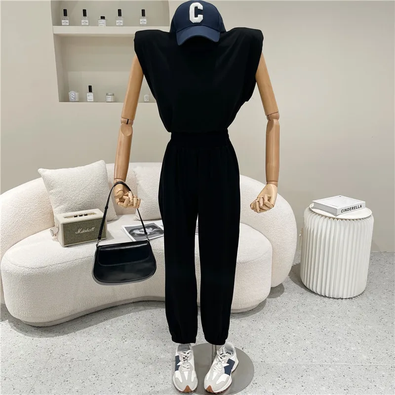 

Girl's Clothing Summer Niche Design Shoulder Padded Sleeveless T-shirt Loose Top High Waist Casual Leggings Pants Two Piece Set