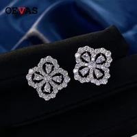 oevas 100 925 sterling sparkling full high carbon diamond hollow out four leaf clover stud earrings for women fine jewelry gift