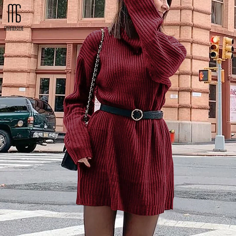 Manoswe осень и зима черный длинный вязаный свитер с высоким воротом 2019 Новый