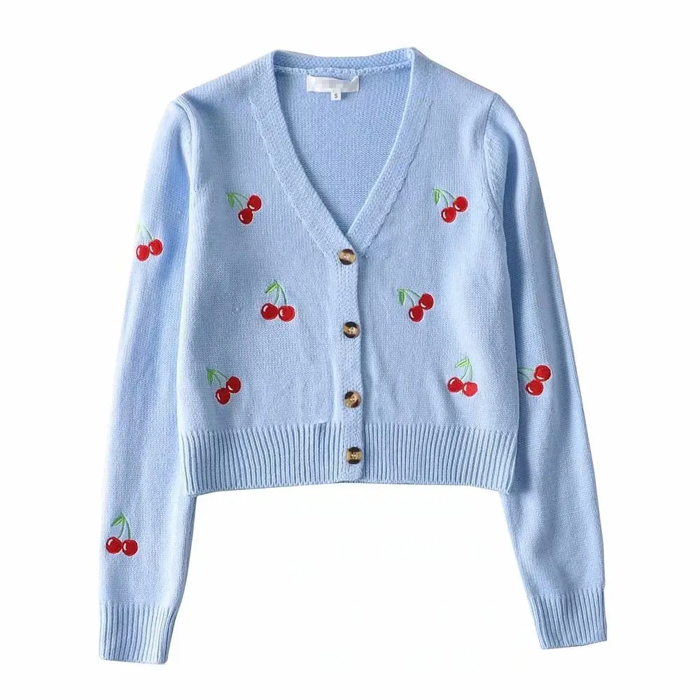 

Cute Cherries Sweet Jackets Cardigans Women Fall Spring Vintage V-Neck Long Sleeve Cropped Knit Coat Embroidery Knitwear kawaii