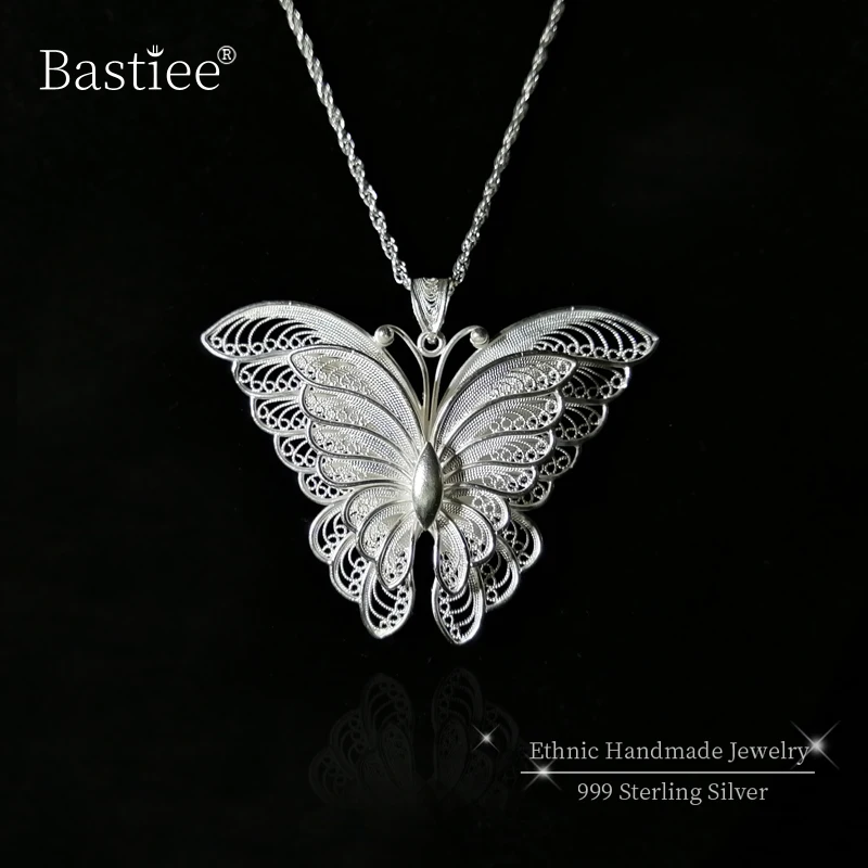 Bastiee Personalized Jewelry 999 Sterling Silver Pendant Necklace Butterfly Hmong Handmade Luxury GiftsCustomized for Women