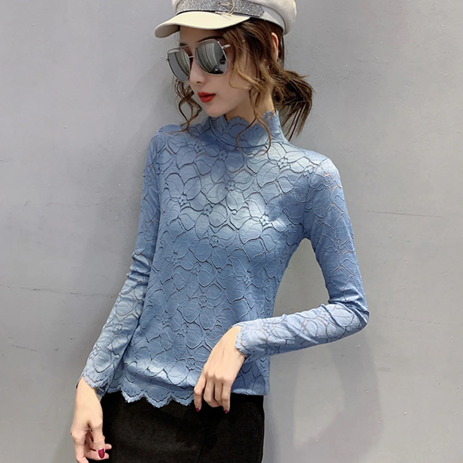 Женская Осенняя Прозрачная облегающая блузка с длинным рукавом и высоким