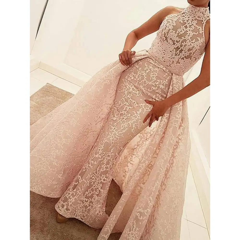

High Neck Fitted Prom Dress with OverSkirt Lace Modern Prom Dress Unique Lace Pattern Evening Dresses 2020 New Fashion