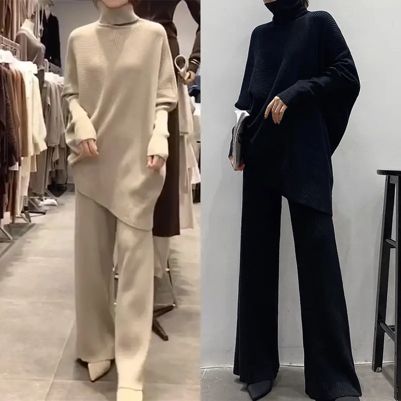 

2021 Autumn Winter Women Casual Solid 2 Piece Set Female Turtleneck Knitted Sweater + Wide Leg Pants Suit Lady Thick Set Q178