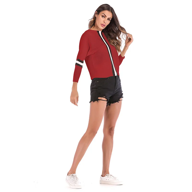 Autunm Pullovers Sweater Women Casual O-Neck Striped Knitted Loose Long Batwing Sleeve Black Printed Tops Ladies | Женская одежда