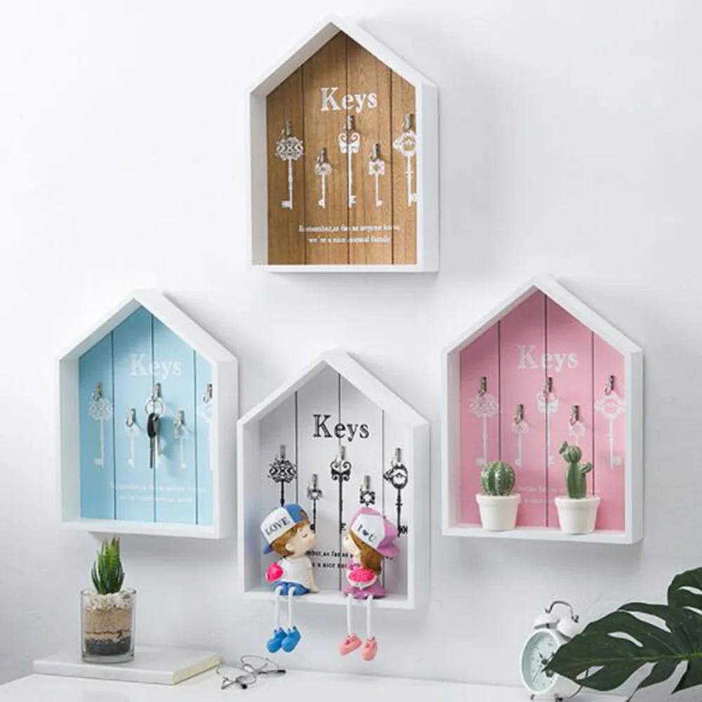 

Creative Wooden House Key Holder Wall Mounted Jewelry Letters Box Rack Living Room Office Storage Rack Home Decorations