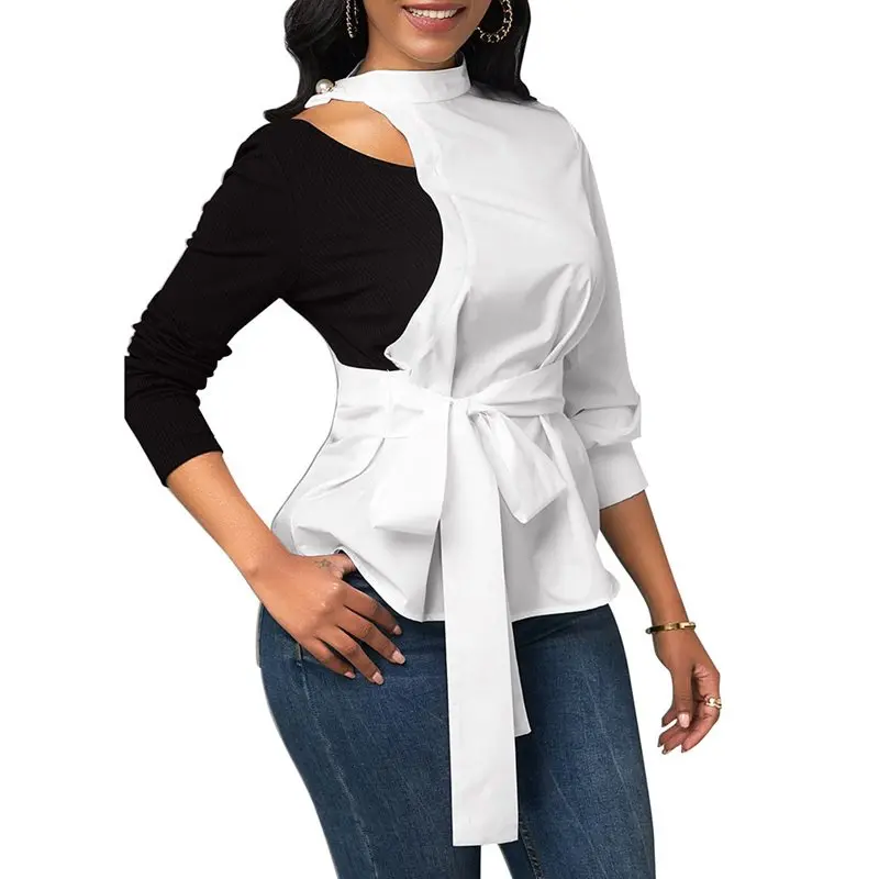 Офисная блузка рубашка Женская Лоскутная Асимметричная черная белая цветная