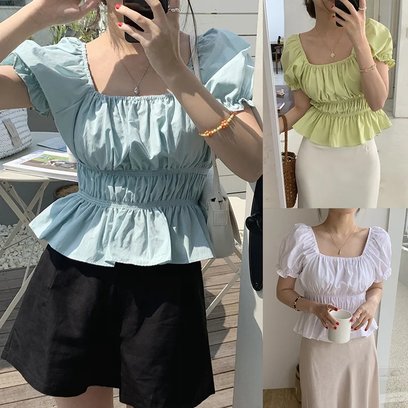 

Kili Korean Retro Square Collar French Shirt Anti-Wrinkle Waist One Size