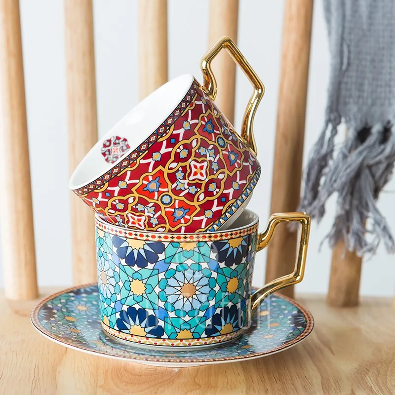 

Moroccan Style Luxury Coffee Cup and Saucer Set with Gold Handle for Special Coffee Cappuccino Ceramic Tea Cup 250ml