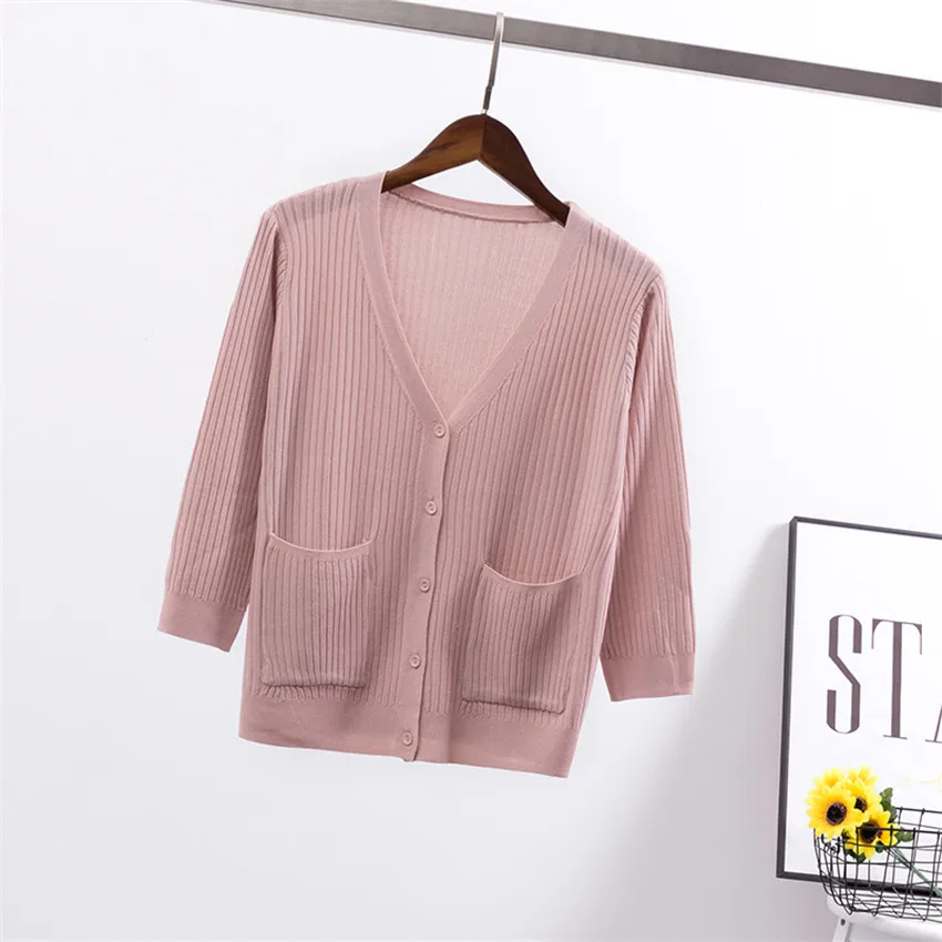 

Women Knitted Sweater Cardigan Korean Style V Neck Summer Autumn Thin Knit Coat Female Ladies Outwear Cardigans Mujer