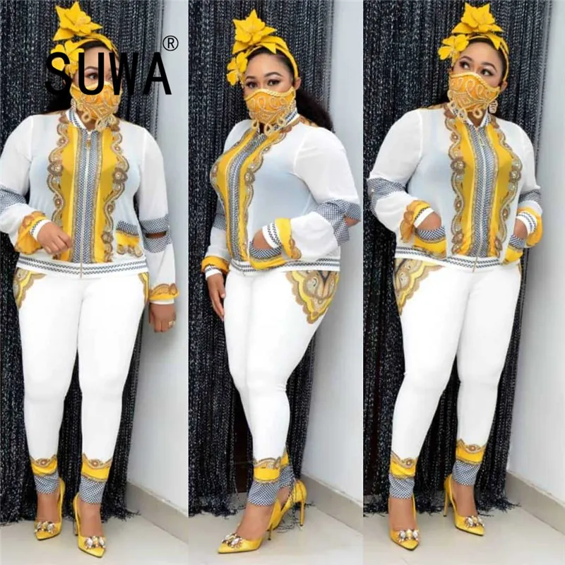 

african two piece set for women clothing long sleeve pullover retro top + vintage high waist pants work sexy club outfits