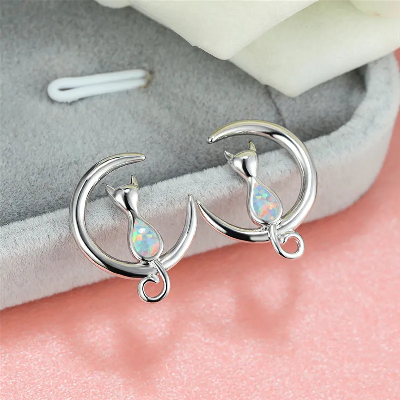 

Cute Female Blue White Opal Jewelry Rose Gold Silver Color Moon Stud Earrings Dainty Bride Cat Small Wedding Earrings For Women