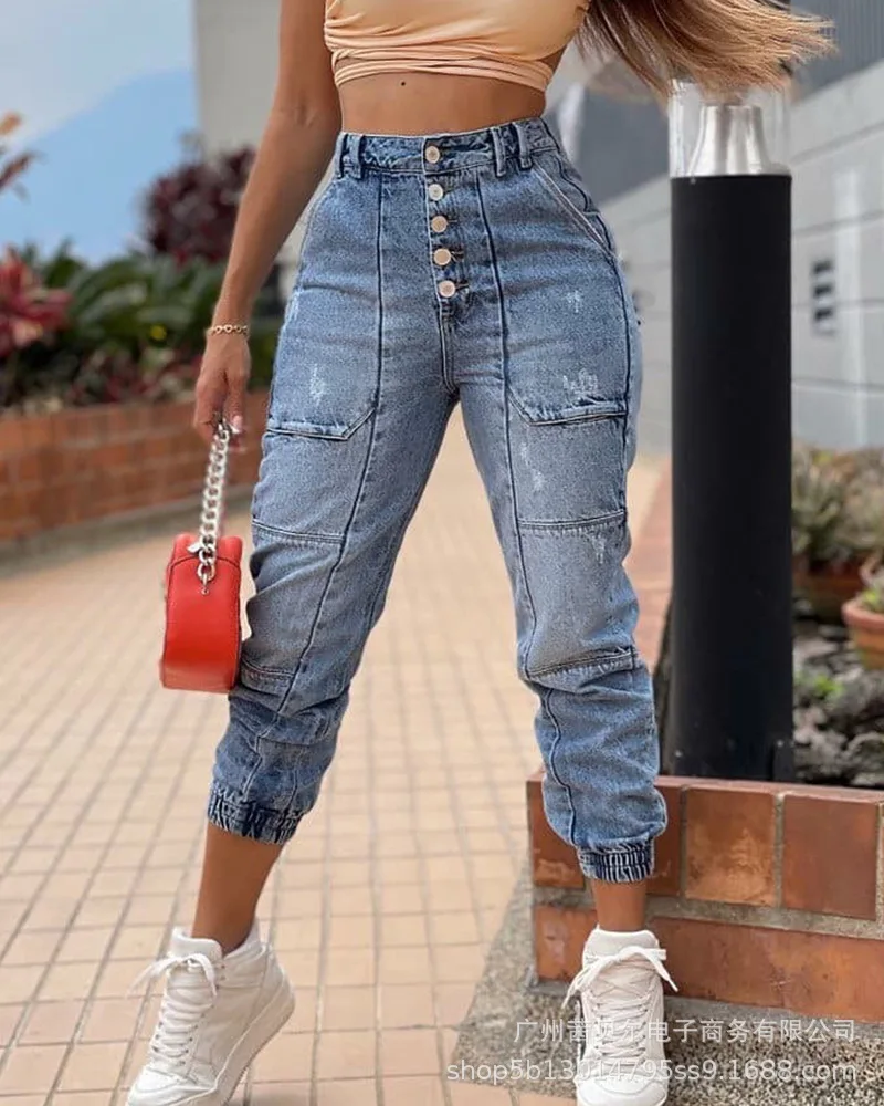 

2021 New Vintage Fashion Button Design High Waist Women Jeans Casual Streetwear Pocket Slim Denim Pants Woman Clothes
