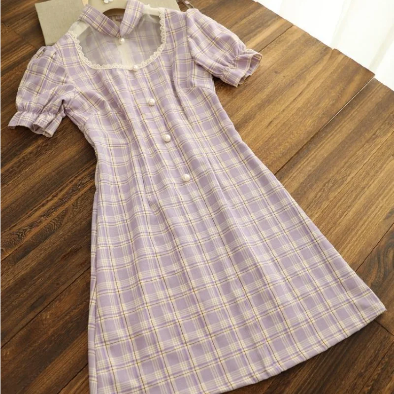 

HOUZHOU Summer Dress Women Cheongsam Chinese Style Grunge Dress Elegant Vintage Plaid Muslin Patchwork Sweet Sundress 2021