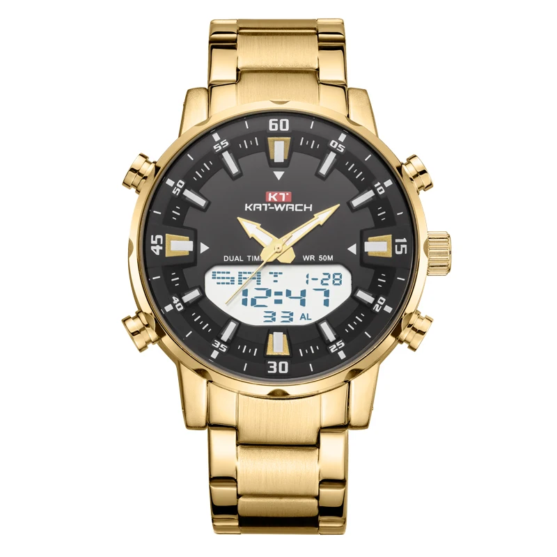 KT1815Gold KT New Mens Watches with Stainless Steel Dual Display Waterproof 3D Dial Analog Digital Chronograph Male Sport Style KT1815 - Цвет: KT1815Gold