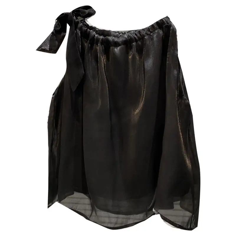 

Women Blue Casual Loose Camisole 2021 Summer Bow Bandage Chiffon Off Shoulder Vest Female Sling Straight Halter Top