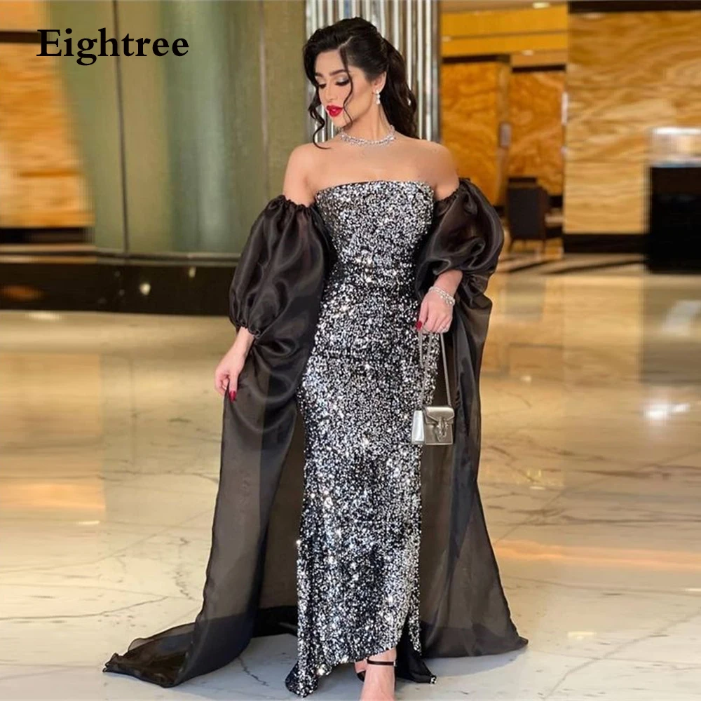 

Eightree Luxury Black Sparkly Sequines Strapless Formal Gowns Long Party Prom Dress Short Sleeves Evening Dresses Vestidos