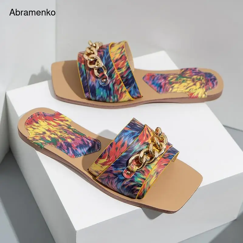 

Quality 2021 Ladies Shoes Slides Casual Female Flip Flops Metal Chain Designed Woman Flat Slippers