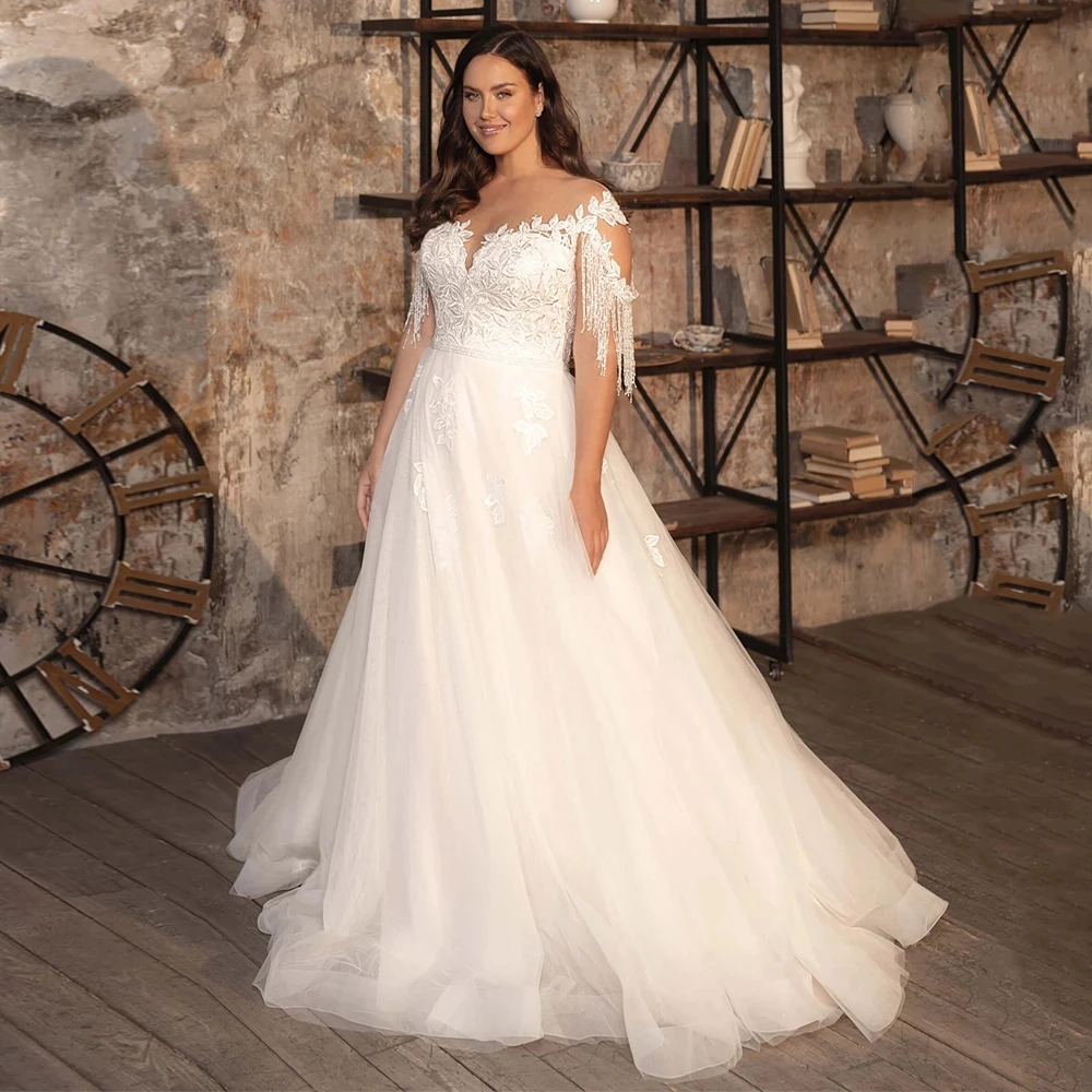 

Charming Wedding Dress Plus Size Off The Shoulder Beading Applique A Line Sweep Train Robe Mariee Bridal Gowns