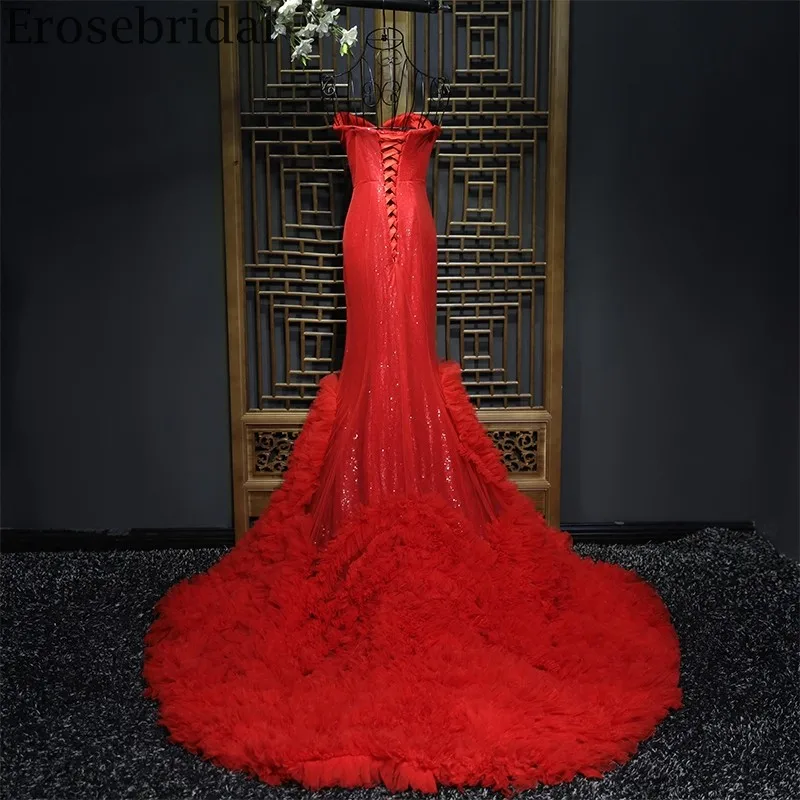 Erosebridal Red Evening Dress 2020 Long Mermaid Gown with Train Elegant Sweetheart Sequined Lining Laec Up Back | Свадьбы и