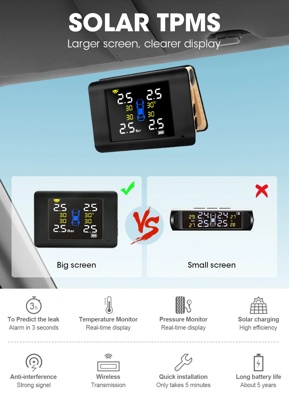 Jansite TPMS беспроводная автомобильная система контроля давления в шинах интеллектуальная система Солнечный светодиодный дисплей с 4 встроенными или внешними датчиками