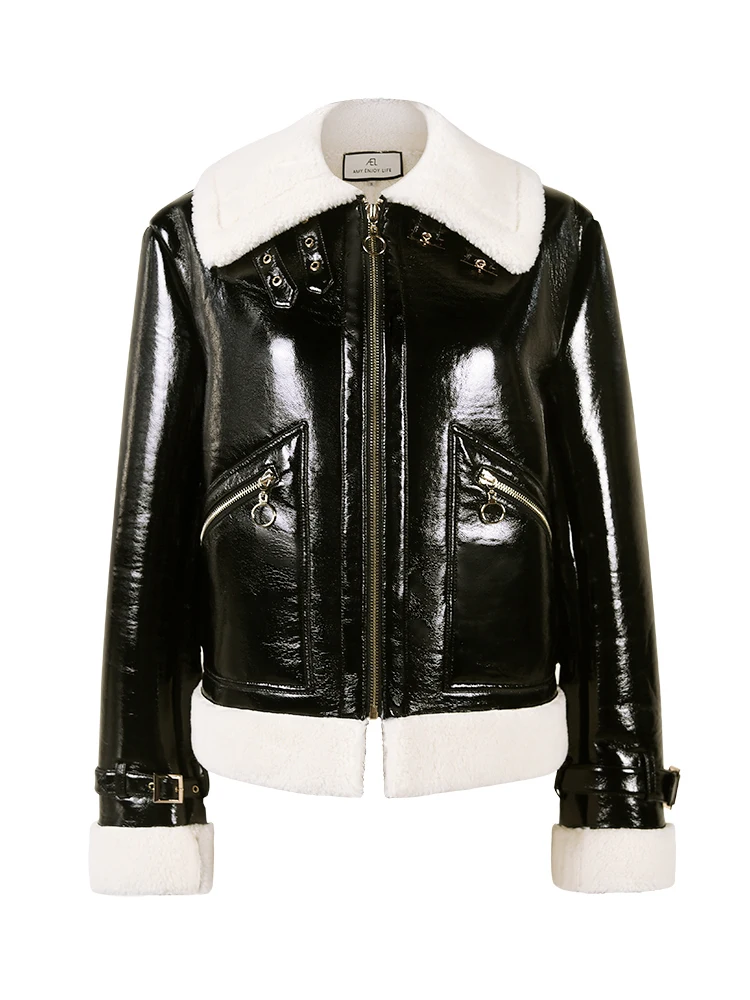 

Fashion bright glossy bright pu leather jackets female natural sheep fur collar zipper stitching motor fashion leather coat F858
