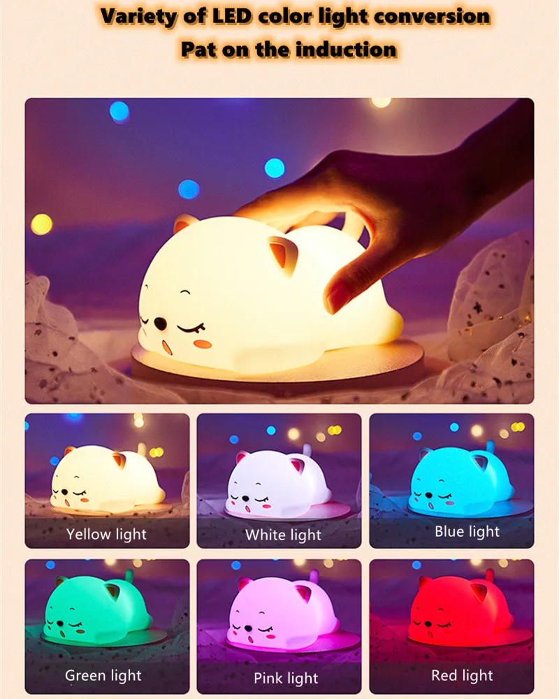 

Snoring cat silicone LED night light remote control rechargeable bedroom bedside sleep pat soft light table lamp girl ins