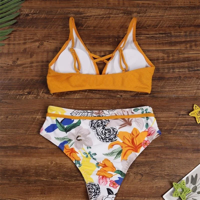 

Girls Bikini New High Waist Gathered Swimwear 2021 Women Swimsuit Hollow Out Bathing Suit Beach Wear Bikini Set