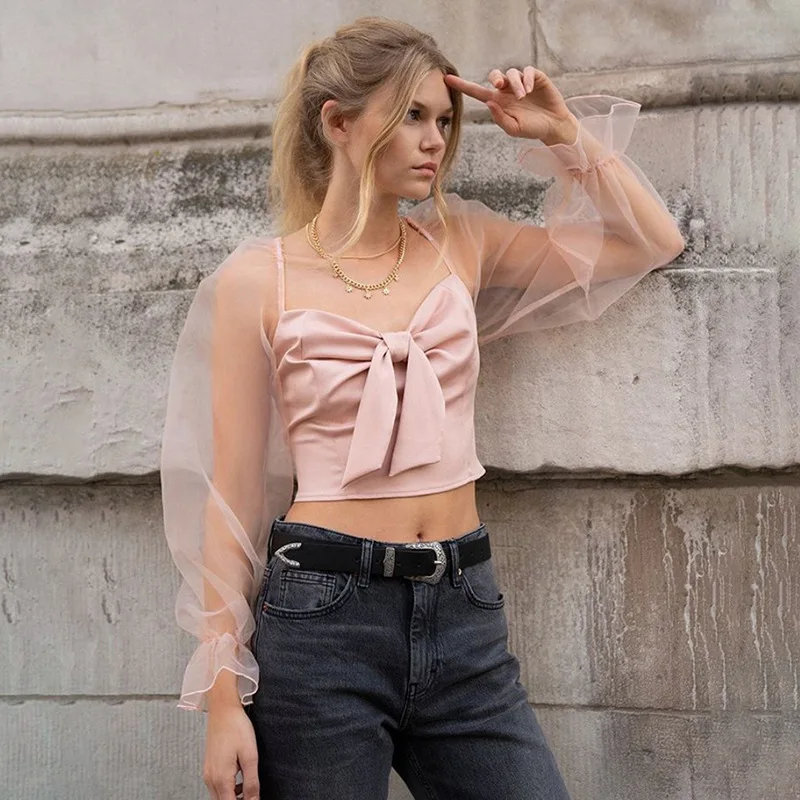 2019 женская уличная модная прозрачная Сетчатая футболка с расклешенными рукавами