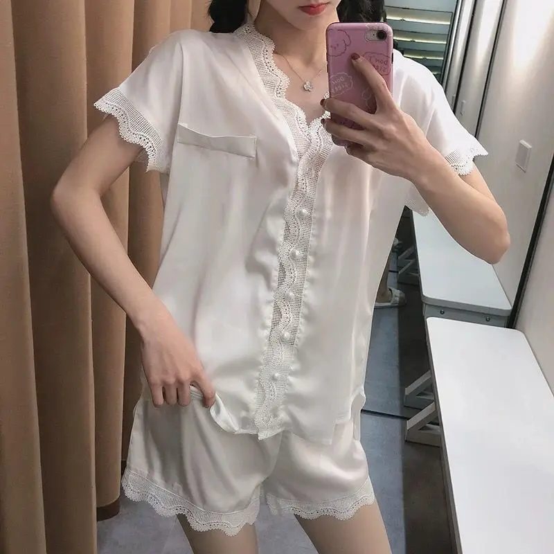 저렴한 잠옷 새틴 여성용 실크 잠옷 Nightie 섹시한 잠옷 라운지 착용 Two Piece Set Summer Nightgown