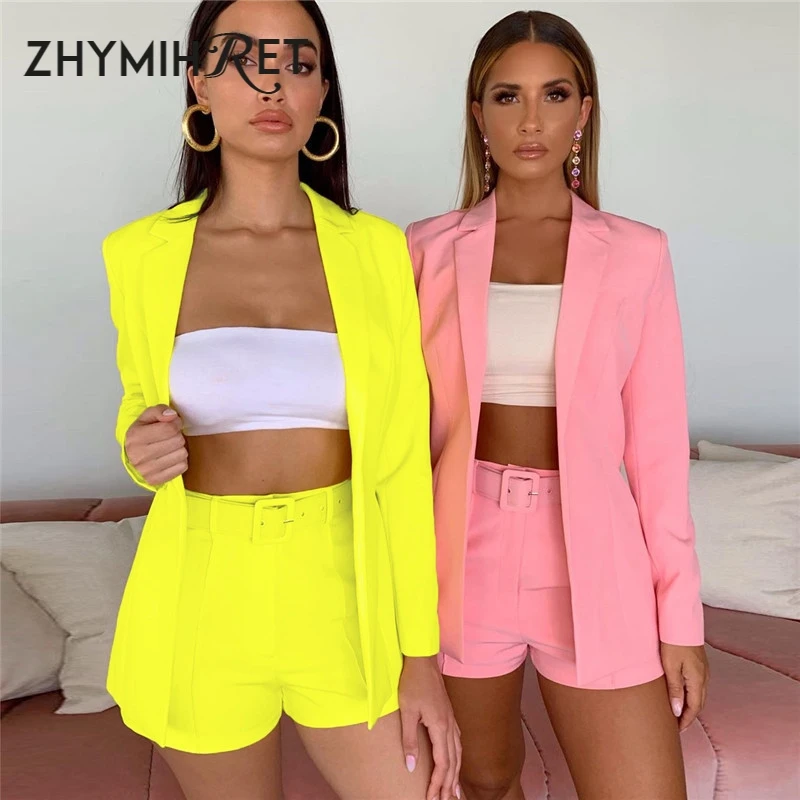 ZHYMIHRET-Conjunto de 2 piezas con cinturón para mujer, Blazer y pantalones cortos de Color neón, chaqueta elegante para oficina, Otoño, 2021