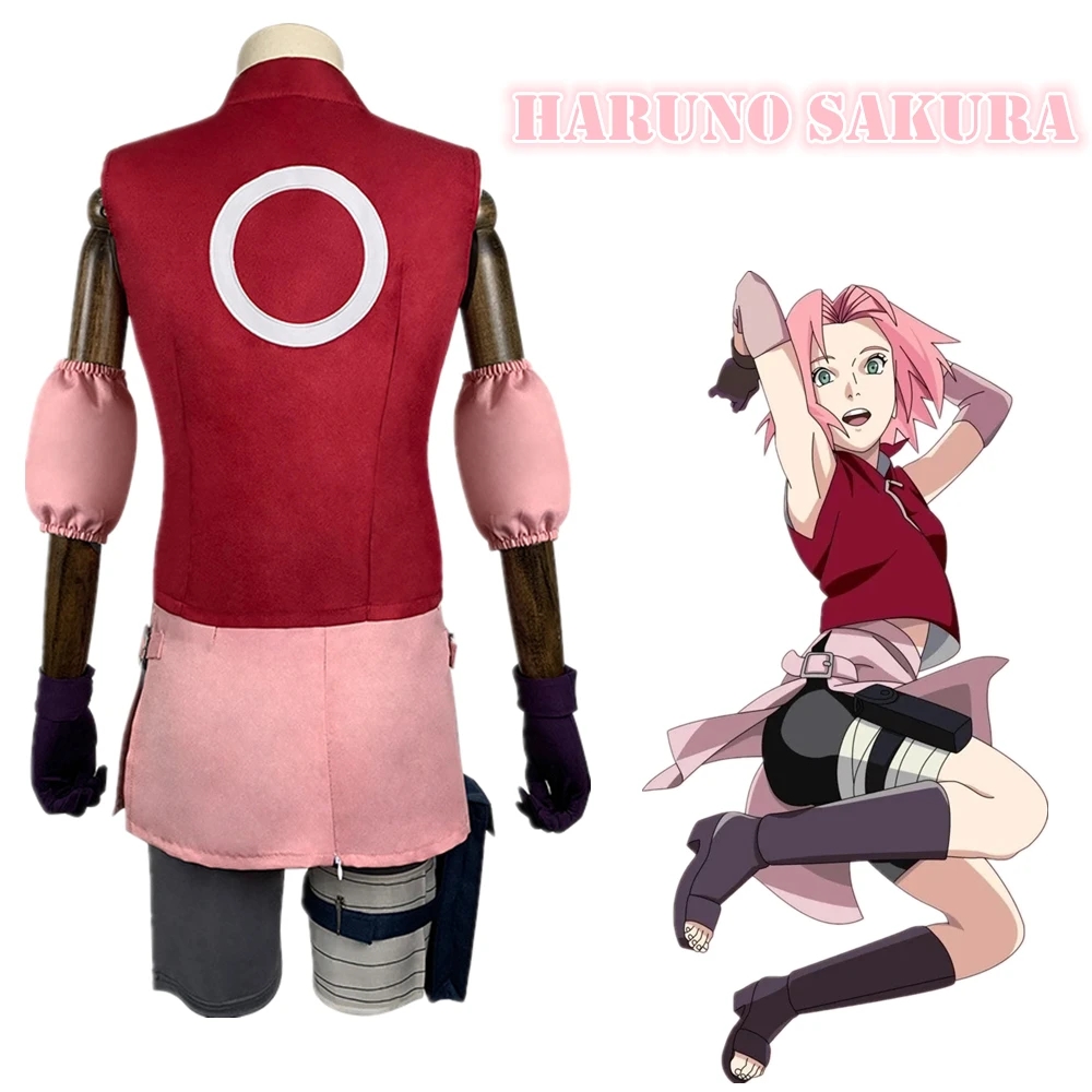 Комплект для косплея аниме Haruno Sakura костюм ниндзя женская одежда короткие розовые