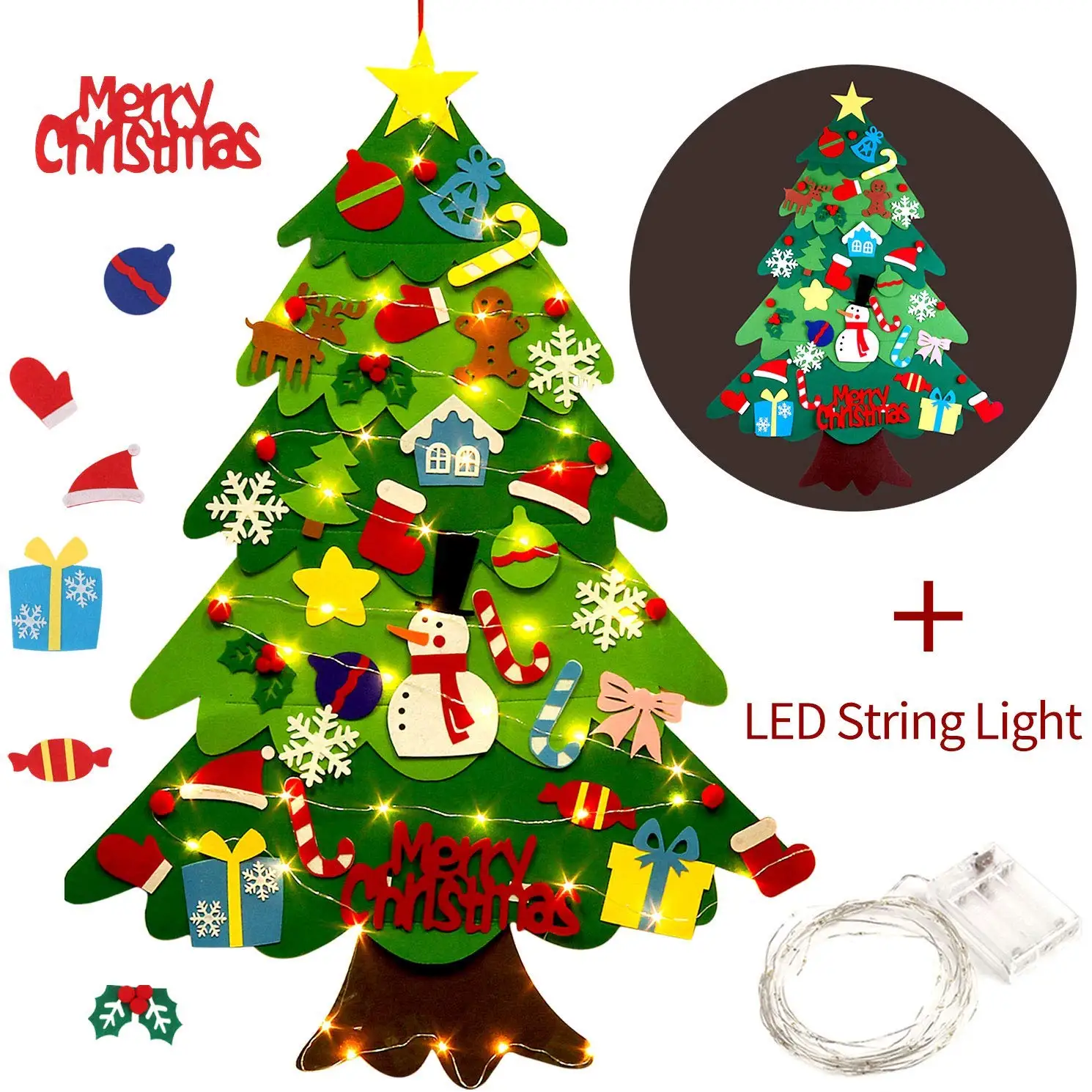 

Felt Christmas Tree Kids DIY Wall Hanging Decorations with 32pcs Ornaments and LED String Lights(2m) Christmas Home Decoration