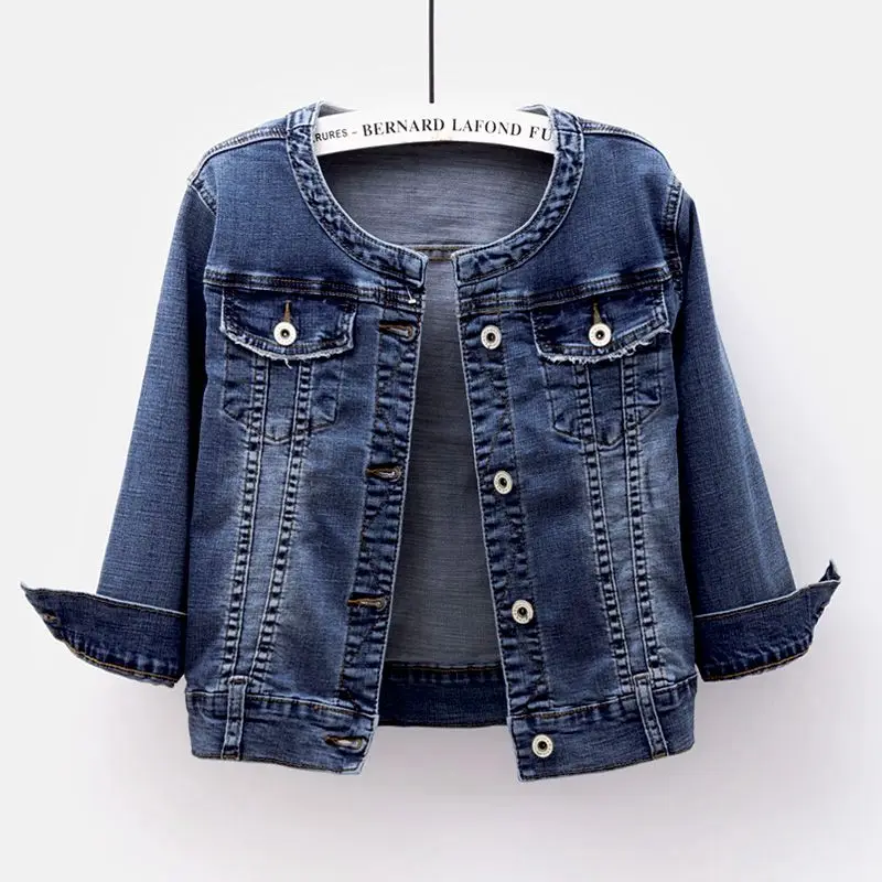 

Plus Size Slim Short Jeans Jacket Women Spring Autumn Vintage Washed Blue O-Neck Long sleeve Denim Jacket Coat Female Outerwear