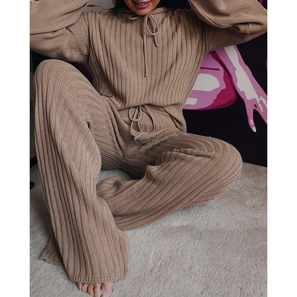 Women Solid Knitted Tracksuit Two-piece Set Hooded Sweater Long Wide Leg Trousers Ladies Fashion Suits Streetwear | Спорт и