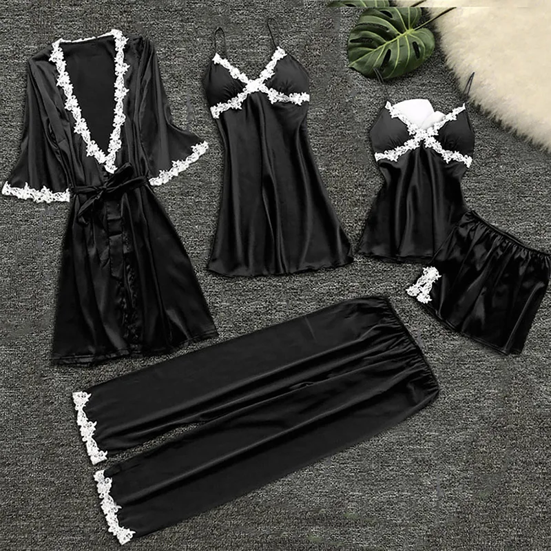 

Women Pajamas Set Satin Sleepwear Silk 4 Pieces Nightwear Pyjama Spaghetti Strap Lace Sleep Lounge Pijama With Chest Pad